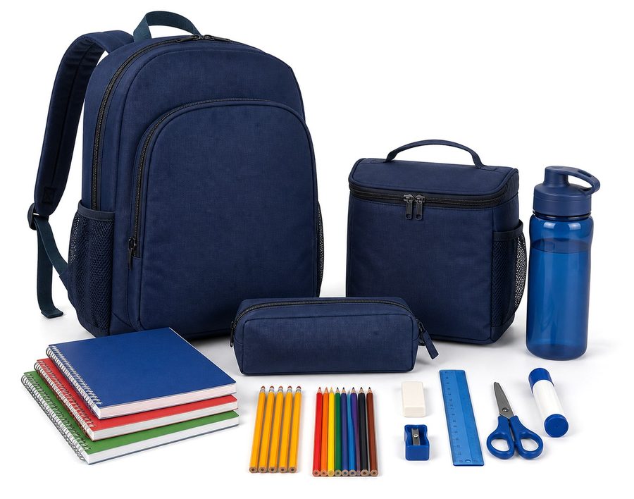 School kit with backpack, lunch box and supplies